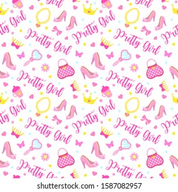 Seamless pattern with accessories of a little cute princess, pretty girl. Endless background for girls. Vector illustration 