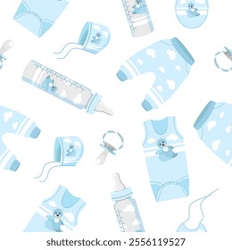 Seamless pattern of accessories for a newborn baby clothes,pacifier,bottle for milk formula on a white background.Vector pattern of children's accessories for textiles,paper.