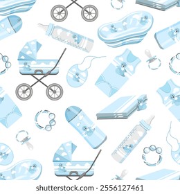 Seamless pattern accessories newborn stroller,pacifier,diaper.a bath, toys, clothes on a white background.Vector pattern for textiles,diapers, paper.