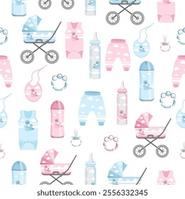 Seamless pattern of accessories for newborns stroller,pacifier rattle,clothes,bottle,shampoo in pink and blue tones on a white background.Vector pattern for textiles,paper,wallpaper.