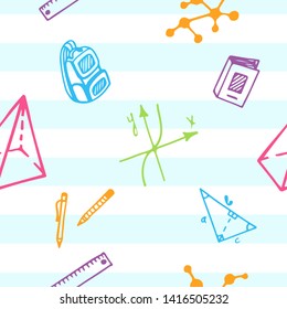 Seamless pattern of accessories for school, university and college. Back to school, vector illustration. Repeating background of educational supplies in doodle style.