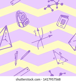 Seamless pattern of accessories for school, university and college. Back to school, vector illustration. Repeating background of educational supplies in doodle style.