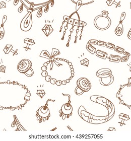 Seamless pattern with accessories sketch icon set. Vintage hand drawn vector illustrations of jewelry