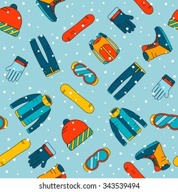 Seamless pattern with accessories for snowboarding. Extreme winter sports icons. Vector snowy background.