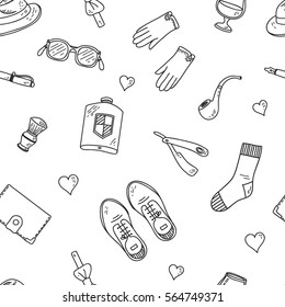 Seamless pattern of accessories and things of gentleman. White background.