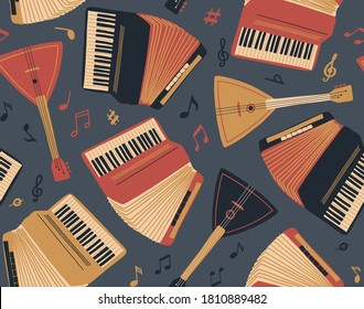 Seamless pattern with accordion,guitar, balalaika and sheet music. International Music Day. Vector musical instrument set. Freehand doodle elements