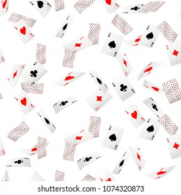 Seamless pattern of ace playing cards. Falling playing cards. Back side design. Vector illustration on white background. Web site page and mobile app design.