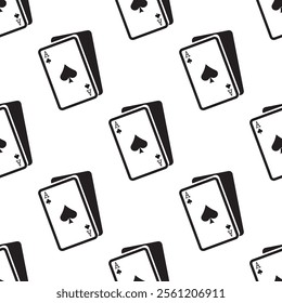 Seamless pattern with ace of spades. Monochrome design, black icon isolated on white background. Texture with ace playing card, gambling. Wallpaper template. flat vector illustration