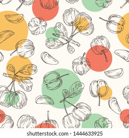 Seamless pattern with acerola: fruit, leaves and acerola slice. Barbados cherry. Vector hand drawn illustration