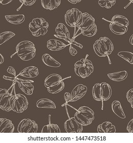 Seamless pattern with acerola: fruit, leaves and acerola slice. Barbados cherry. Vector hand drawn illustration