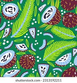 Seamless pattern acid fruit coconut and palm leaf. Hand Drawn vibrant neon exotic food. Vector trendy surface background for fabric, textile, wallpaper