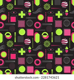 Patrón sin foco con formas geométricas abstractas, ácidas, de neón verde y rosa, negrita, elementos lineales. Inspirado por el brutalismo, estilo retro futurismo. Para la web, cubiertas, textiles. Vector de fondo negro.