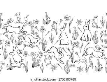 Seamless pattern, ackground with spring flowers and rabbits, hares. Colored vector illustration. Isolated on white background.