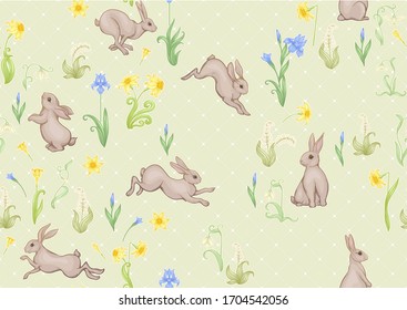 Seamless pattern, ackground with spring flowers and rabbits, hares. Colored vector illustration.