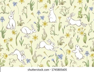 Seamless pattern, ackground with spring flowers and rabbits, hares. Colored vector illustration. Isolated on white background.