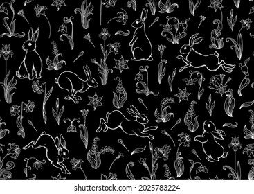 Seamless pattern, ackground with spring flowers and rabbits, hares. Colored vector illustration. Isolated on black background.