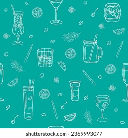 Seamless pattern with acoholic and non-acoholic cocktail, lemon slices, mint, ice cubes. Great for decoration interior, print posters, banner, menu design, packaging. Isolated on black. Doodles