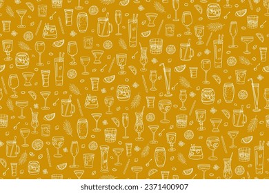 Seamless pattern with acoholic and non-acoholic cocktail with lemon slices, mint, ice cubes, straw. Great for decoration interior, print posters, banner, menu design, packaging. Doodles