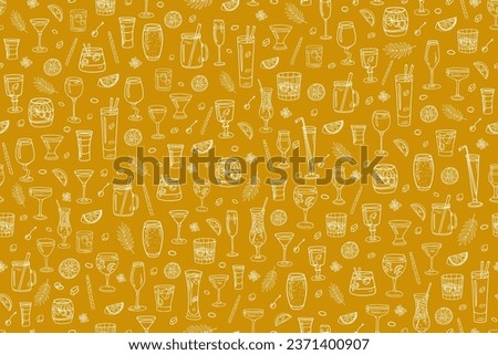 Seamless pattern with acoholic and non-acoholic cocktail with lemon slices, mint, ice cubes, straw. Great for decoration interior, print posters, banner, menu design, packaging. Doodles