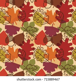 Seamless pattern with acorn and autumn oak leaf in Orange, Beige, Brown and Yellow. Perfect for wallpaper, gift paper, pattern fills, web page background, autumn greeting card.