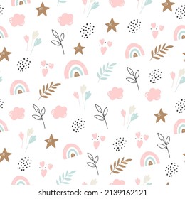 Seamless pattern with acorn, berry, leaves on dark blue background. Abstract design for prints, wrapping paper, wallpaper