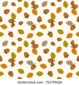 seamless pattern acorn and leaves for autumn and thanksgiving season, flat design