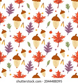 Seamless pattern with acorn and leaves of maple, oak, ash. Autumn background template decorated with trendy elements. Flat natural vector illustration for advertisement, promotion