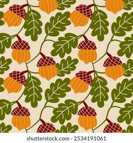 Seamless pattern with acorn, oak branch and leaf. Autumn acorns pattern. 