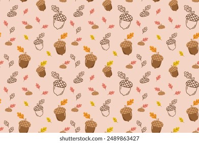 Seamless pattern with acorn, oak leaves isolated. Seasonal ornament. Endless texture can be used for web design, printing onto fabric and paper or scrapbooking.