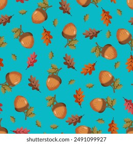 Seamless pattern with an acorn on a blue background. Autumn pattern with leaves
