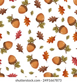 Seamless pattern with an acorn on a white background. Autumn pattern with leaves