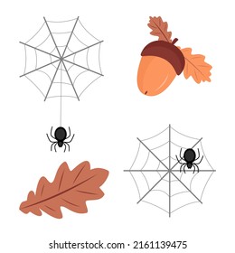 Seamless pattern acorn, spider, spiderweb, oak leaves. Vector illustration 