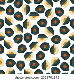 Seamless pattern with Acorn squash or Honey bear squash. Tuffy squash. Winter squash. Cucurbita pepo. Fruit and vegetables. Flat style. Isolated vector illustration.