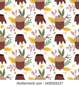 Seamless pattern with acorns, apples and leaves on a white background. Concept of autumn harvest. Vector design for wrapping paper, textile. 