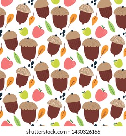 Seamless pattern with acorns, apples and leaves on a white background. Concept of autumn harvest. Vector design for wrapping paper, textile. 