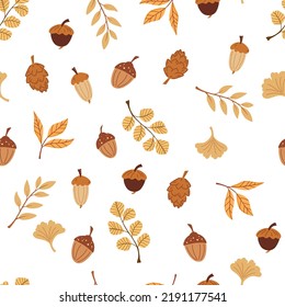 Seamless pattern with acorns. Autumn background. Stylized oak leaves and acorns. Perfect for wallpaper, gift paper, pattern fill, web page background, autumn greeting cards. Cartoon vector texture.