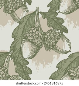 Seamless pattern with acorns. Autumn pattern with leaf, autumn leaf background. Abstract leaf texture.
