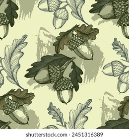 Seamless pattern with acorns. Autumn pattern with leaf, autumn leaf background. Abstract leaf texture.