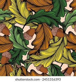 Patrón sin fisuras con bellotas. Patrón de otoño con hoja, fondo de hoja de otoño. Abstractas textura de la hoja.