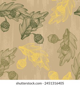 Seamless pattern with acorns. Autumn pattern with leaf, autumn leaf background. Abstract leaf texture.