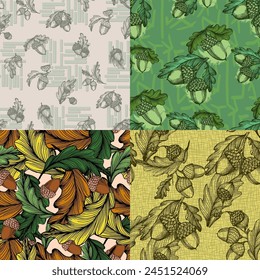 Seamless pattern with acorns. Autumn pattern with leaf, autumn leaf background. Abstract leaf texture.