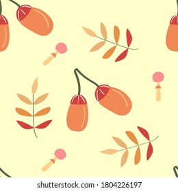 Patrón sin foco de bellotas, hojas de otoño y setas. Ilustración plana.  