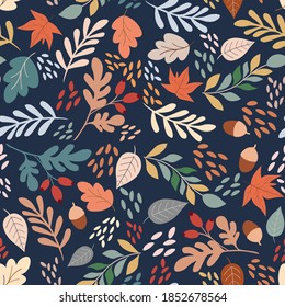 Seamless pattern with acorns and autumn leaves. Perfect for wallpaper, gift paper, pattern fill, web page background, autumn greeting cards.Vector illustration