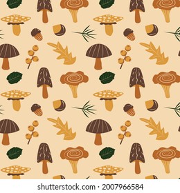 Seamless pattern with acorns, autumn leaves, mushrooms , nuts and berries. Great for wallpaper, gift paper, textiles, print, autumn greeting cards.Vector illustration of EPS 10.