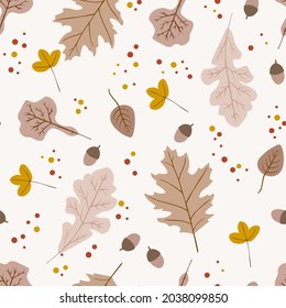 Seamless pattern with acorns and autumn leaves. Perfect for wallpaper, gift paper, pattern fill, web page background, autumn greeting cards.Vector illustration
