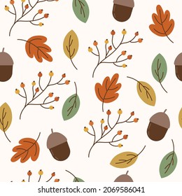 Seamless pattern with acorns and autumn leaves. Perfect for wallpaper, gift paper, pattern fill, web page background, autumn greeting cards.Vector illustration