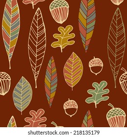 Seamless pattern with acorns and autumn leaves. Good idea for textile, wrapping, wallpaper or cloth design. Autumn leaf background. Vintage illustration.