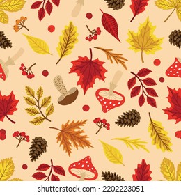 Seamless pattern with acorns, autumn leaves, mushrooms. Perfect for wallpaper, gift paper, pattern fill, autumn greeting cards.