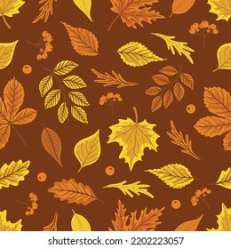 Patrón sin foco con bellotas, hojas de otoño, setas. Perfecto para papel de pared, papel de regalo, relleno de patrones, tarjetas de felicitación de otoño.