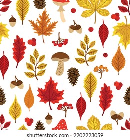 Seamless pattern with acorns, autumn leaves, mushrooms. Perfect for wallpaper, gift paper, pattern fill, autumn greeting cards.